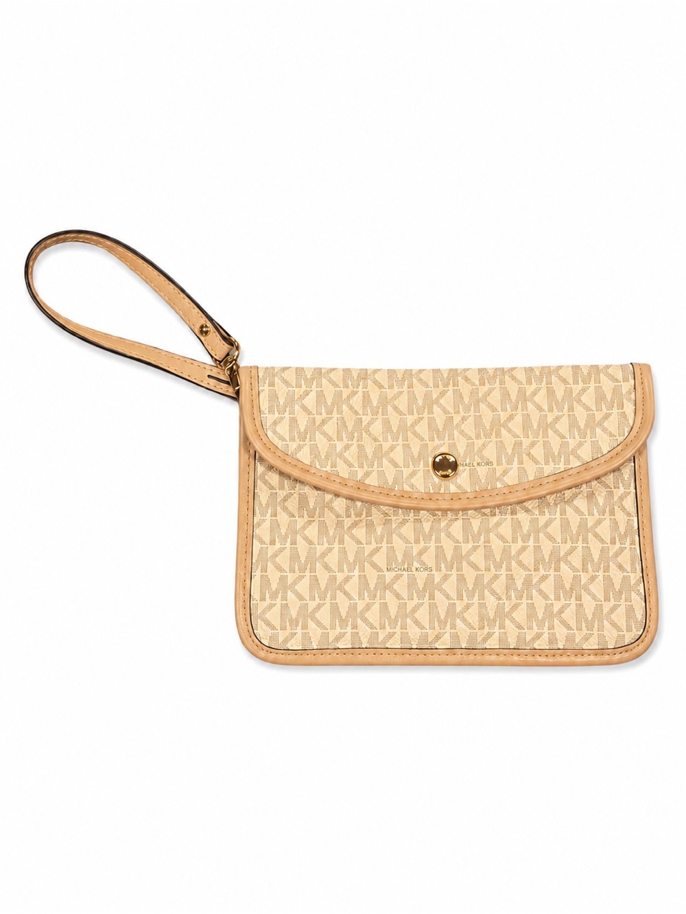 Michael Kors Eva Monogram Wristlet Pouch Vanilla Tan Leather Zip Clutch